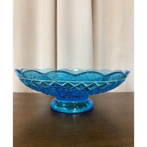 VTG Blue Console Bowl Della Robia Fruit Diamond Point Pattern Scalloped Rim